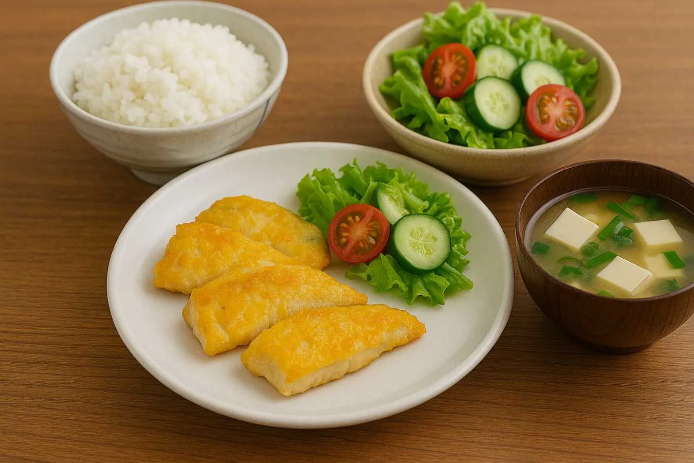 白米、白身魚のピカタ焼き、ほうれん草、プチトマト