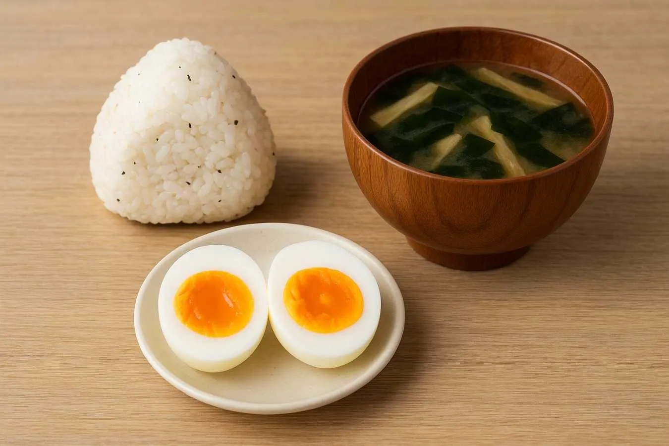 ゆで卵、おにぎり、お味噌汁